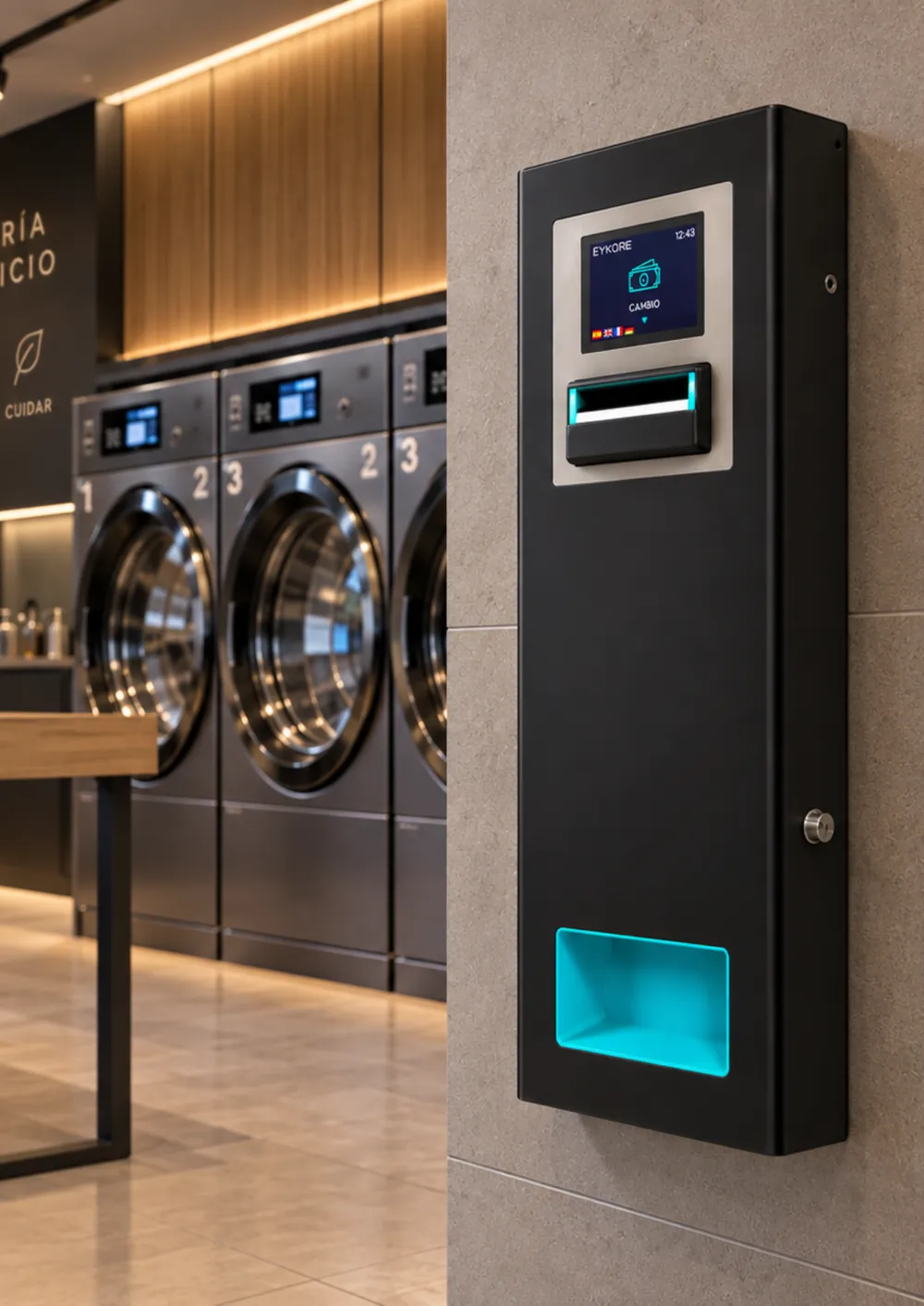 Máquina de cambio inteligente EKCASH instalada en una lavandería